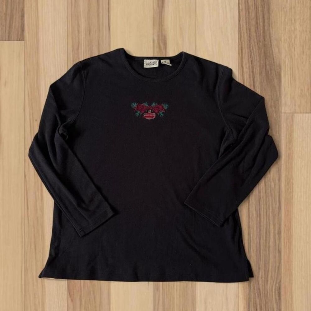 Grandmacore 90s Holiday Black Embroidered Sweater by Classic Elements